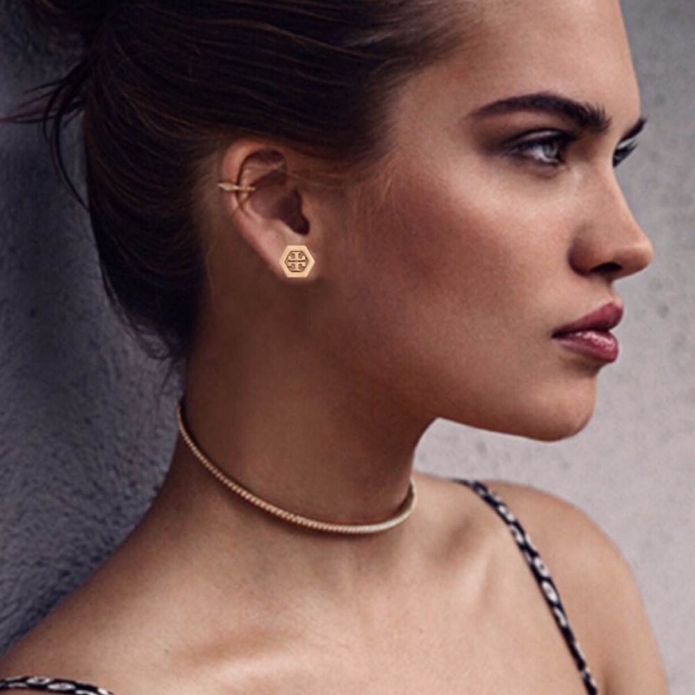 TORY BURCH • Gold Hexa Logo Earrings - Picture 2 of 5